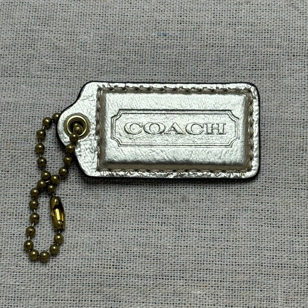COACH 2.5" Hang Tag Fob Bag Charm Metallic Light Gold Leather, Brass Ball Chain